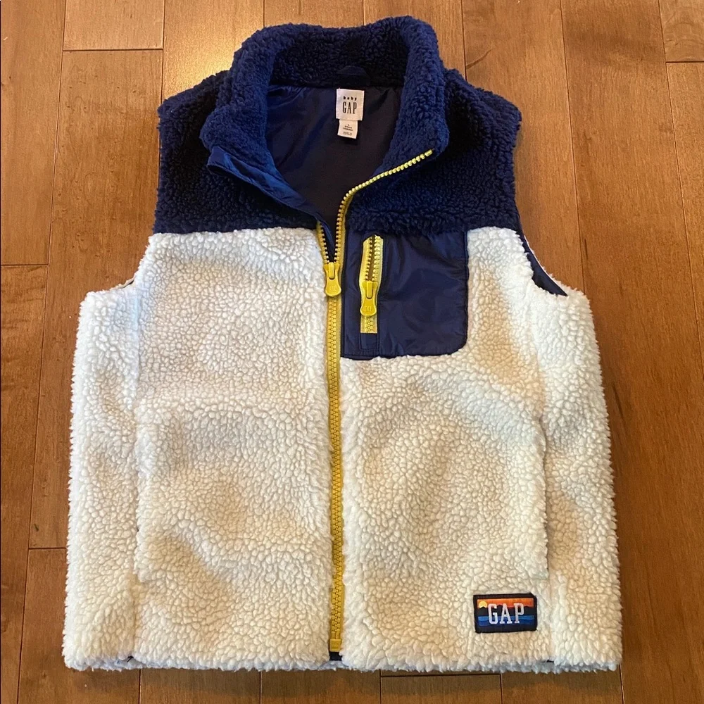 GAP Toddler Sherpa Fleece Vest Blue & Ivory Zip Front Size 5T